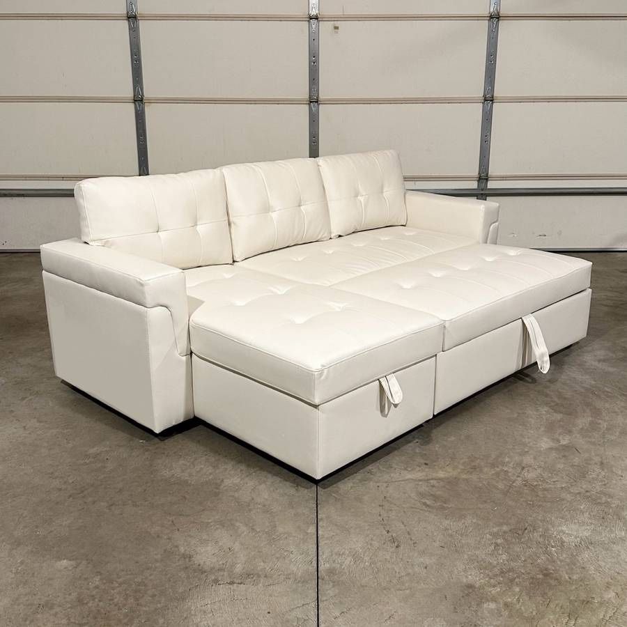 White Sleeper Sectional Sofa with Reversible Chaise & Storage