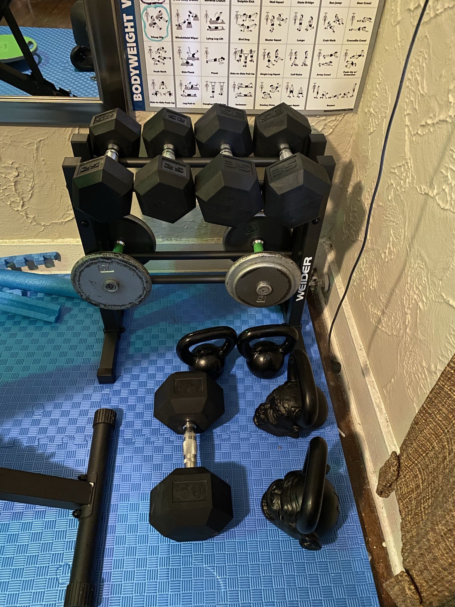 Weights, Weight Rack, Kettlebells, And Other Equipment. 