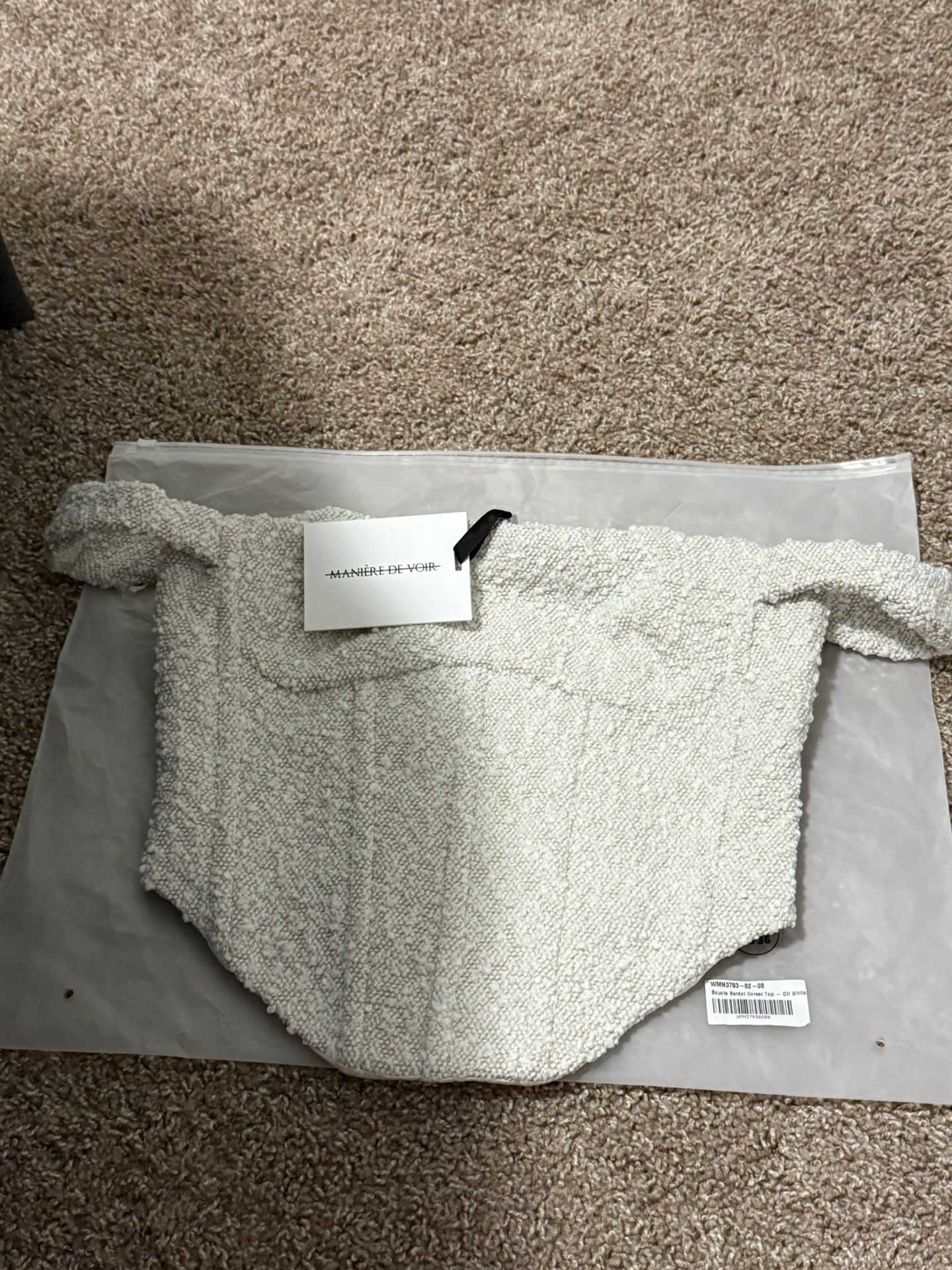 Manière De Voir US Size 6 Boucle Denim Bardot Corset Top and US Size 4 Mini Skirt in Off White