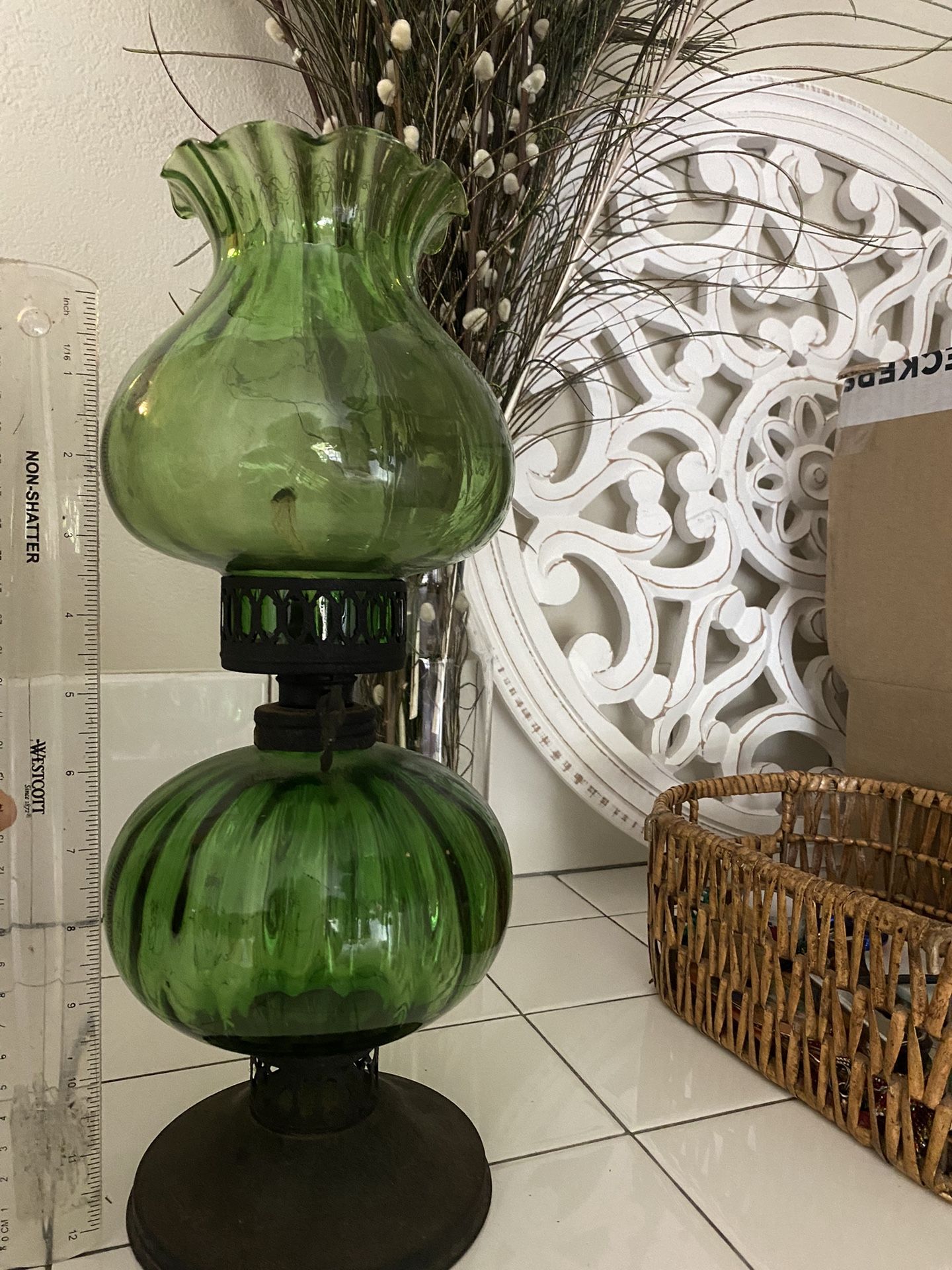 Vintage Green Glass Oil Lamp
