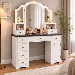 Elegant Victorian Vanity Desk with LED Mirror | White & Dark Gray