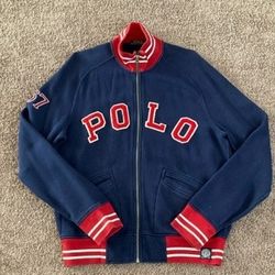 POLO RALPH LAUREN Collegiate Sweater Zip Up Cardigan Size M Navy Blue Red White