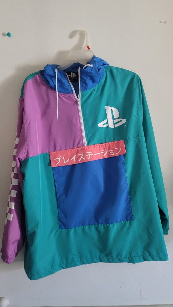 Official Sony Playstation 2XL Windbreaker Jacket Blue Green Pink Men's Pullover Sweater