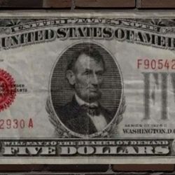 1928 5 Dollar Red Seal In Circulated Condition
