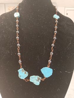 Handmade Raw Turquoise slabs and Hematite Beaded Copper Wire Necklace