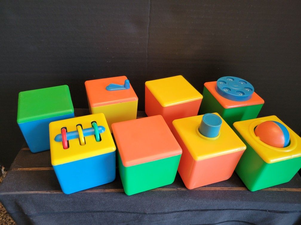 8 Pieces Vintage 1970s Busy Blocks Baby Toys Interactive Moving Parts Each 2"x2"