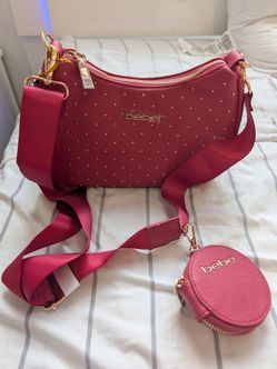 Bebe Women's Dark Pink Sagan Studded Crossbody Bag With Coin Pouch purse