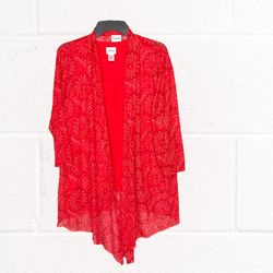 Chico’s Red Cami Top w Red/White Floral Long Cardigan Shirt Women 2 (Chico’s 2 Is ~ Medium)