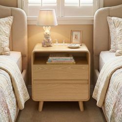 Set of 1 with Charging Station, Natural Wood End Tables Bedroom Nightstand with Drawers,