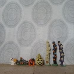 Three Ceramic towers With Witches Cats Skeletons Glass Pumpkin Assorted Halloween Decorations 