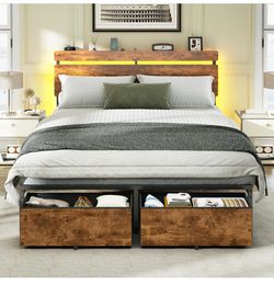 New -Full Size Bed Frame with Wood Headboard,2 Storage Drawers & Shelf