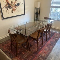 Westelm Mid-Century Modern Dining Set – Glass Table + 6 Chairs + Bench 