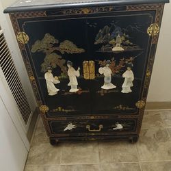 Hand Painted Oriental Cabinet With Mother Of Pearl  Figures 