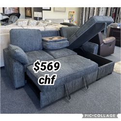 91"W Dark Gray Chenille Fabric Reversible Sleeper Sectional with Storage Chaise, Drop-Down Table, Cup Holders and Charging Ports