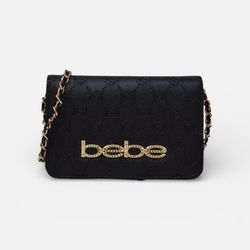 Bebe Celia Monogram Flap Crossbody Bag Black | Gold Chain Strap | NWT