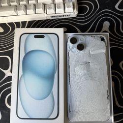 iphone 15 plus, shattered back and screen but still turns on and needs repairing.
