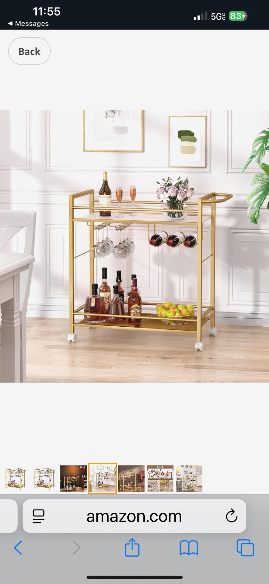 Bar Cart,Home Bar Serving Cart with Storage Shelves, 2 Tier Rolling Beverage Cart with Wheels, Modern Wine Cart with Wine Rack and Glass Holder for Ki