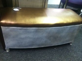 Old 1950 Wicker Bench And Gold Leather Top