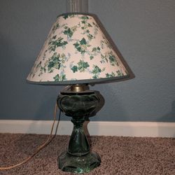 Green Glass Oil Lamp Converted To Electric Lamp Vintage