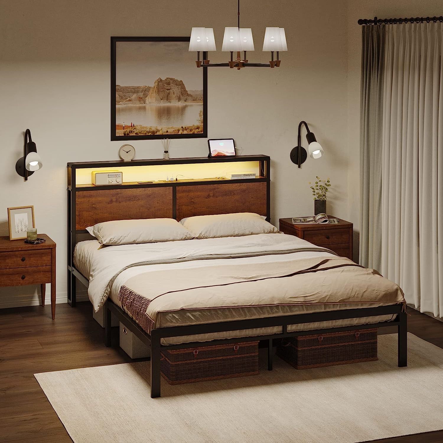 Full Bed Frame with Storage Headboard Metal Platform Bed with LED Lights USB Ports & Outlets