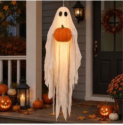 39" Light up Vintage Halloween Hanging Ghost Decor with Pumpkin