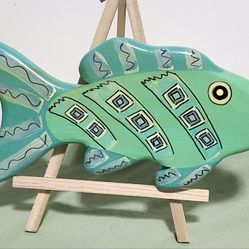 Hand Painted Handmade Wood Fish Green Blue Wall Decor 