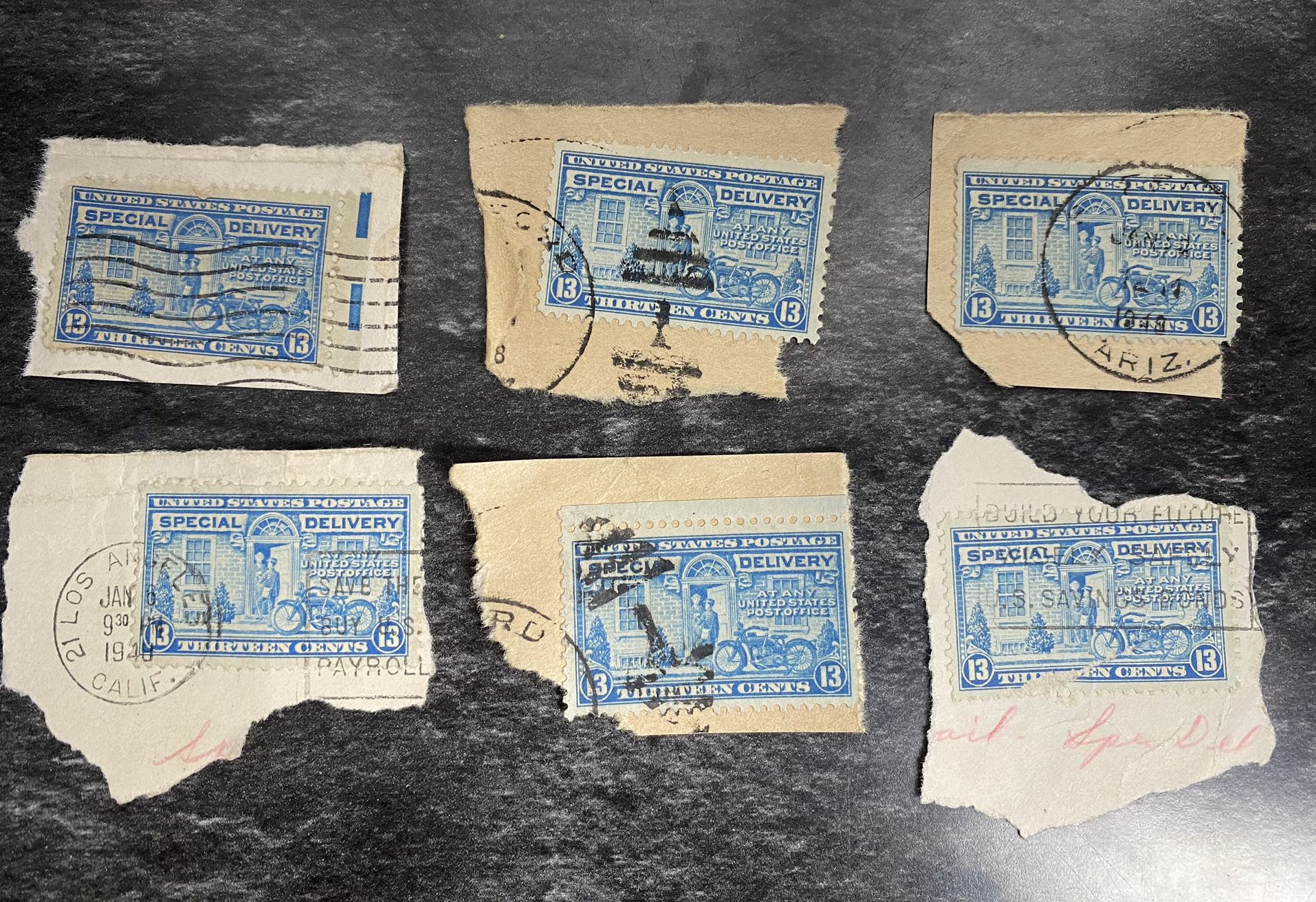 6 Vintage Antique US Postage Stamps 1944 13 cent #E17 Motorcycle Delivery Special Delivery Blue (Rare Collectors Items!)