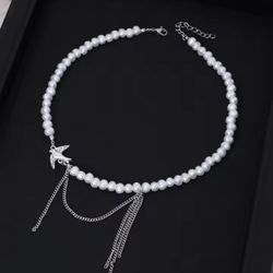 New-Charm Hip Hop Peace Dove Tassel Pearl Beads Clavicle Chain Women's Necklace
