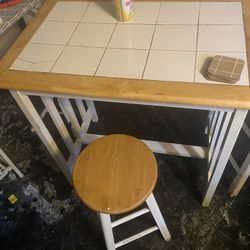 White And Pecan Wood, Ceramic Breakfast Bar Two Stools