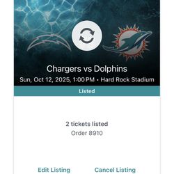 Chargers Vs Dolphins On 10/12/25, 2 Tickets Section 125 Row 2 Seats 21-22 at Hard Rock stadium 