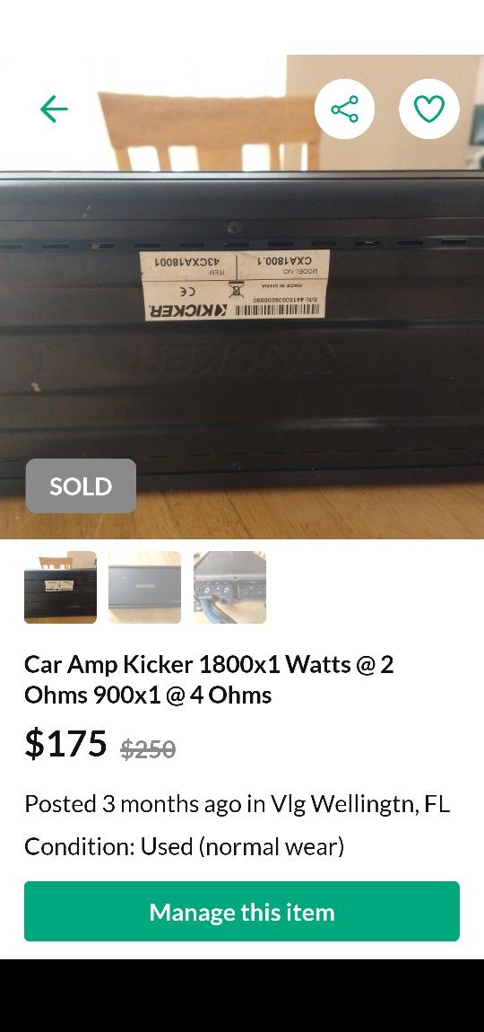 Car Amp Kicker 1800x1 Watts @ 2 Ohms 900x1 @ 4 Ohms