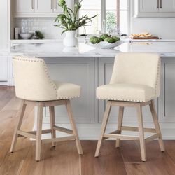 26 Inch Bar Stools Set of 2, Beige Swivel Counter Stools with Back, Linen Fabric Upholstered Barstools, Solid Wood Legs with Footrest, Modern Bar Stoo