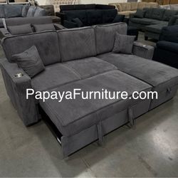 New! 89”L Reversible Grey corduroy Sectional Sofa Bed, Sectional Sofa Bed, Grey Sofa, Sleeper Sofa, Grey Couch, Reversible Sectional, Sectional Sofa W