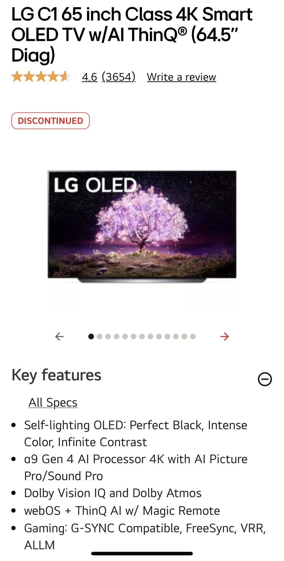 LG C1 65 inch Class 4K Smart OLED TV w/Al ThinQ® (64.5" Diag)