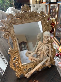 Baroque Gold Mirror with Skeleton Figurine