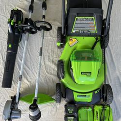 Greenworks 80v, 21in Self Propelled Mower with Blower, Weed Eater & Edger Outdoor Power Tool Combo
