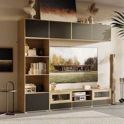 New Large Entertainment Center, Media Console, Wall Mounted, Oak and Black