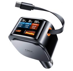 136W Retractable Car Charger, Fast USB C Cigarette Lighter Adapter 30" 100W Retractable Cable, 36W USB-C & 18W USB-A. TFT Voltage Display. Ideal Car A