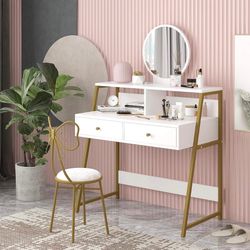 Vanity Table Set with Mirror, USB and Power Outlet (Chair Is NOT Included)