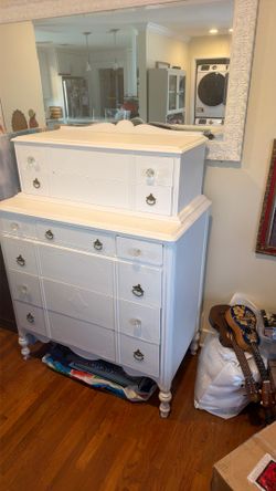 Dresser, wood, Vintage, Storage, TV stand, high boy dresser antique, white, shabby chic, credenza, cabinet, shelf, armoire, bookcase, display, kitchen