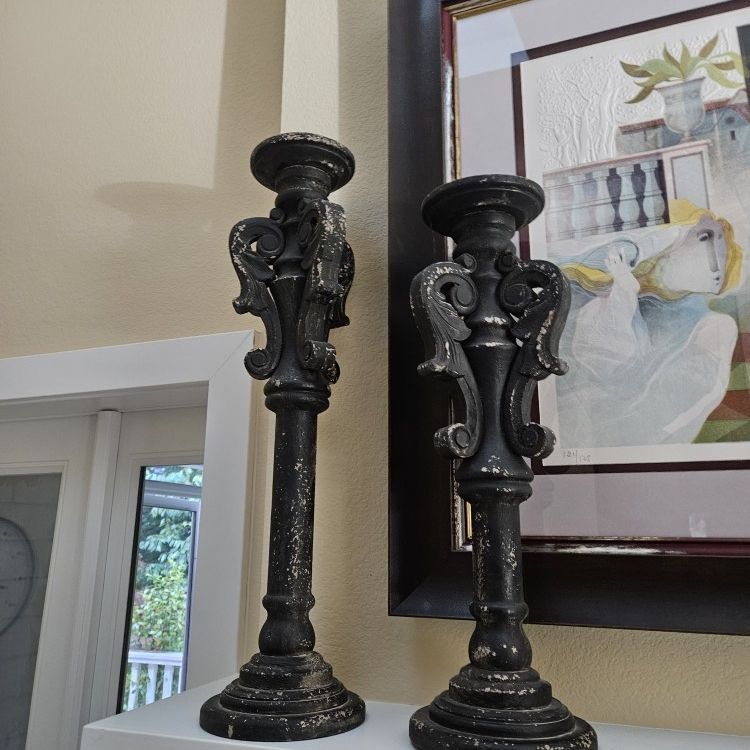 Pair Of Wooden Antique Candlesticks 24" Tall