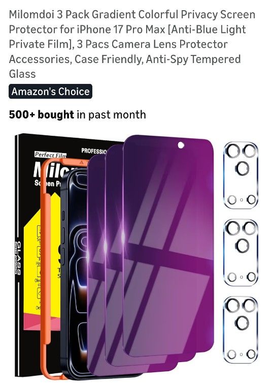 New In BOX for iPhone 17 Pro Max. 3 Pack Of Privacy screen Protectors & 3 Camera Lens Covers. See Photos. CASH PICKUP ONLY