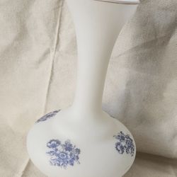 Vintage Tall Italian Frosted Glass Vase w/Cobolt Blue Flower Transfer 10" Tall