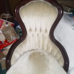 Victorian Wingback Cherry Chair. Cream Cloth. 1930