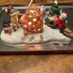 1990’s Porcelain Christmas Village Campfire W/ Figurines
