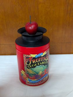 Vintage “Fruits & Vegetables” Tin Canister with Apple Lid – Decorative Kitchen Storage