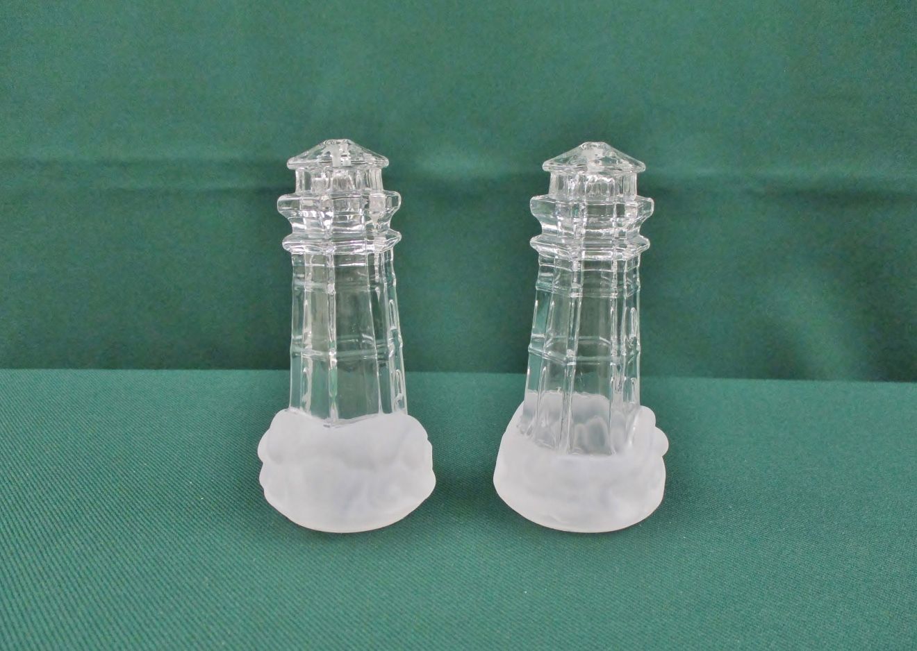 LENOX Salt and Pepper Shakers Crystal Lighthouse Shape with Frosted Ocean Waves