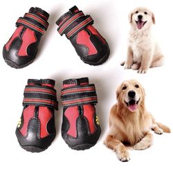 Dog Boots for Dogs Non-Slip, Waterproof Dog Booties for Outdoor, Dog Shoes for Medium to Large Dogs 4Pcs with Rugged Sole Black-Red
