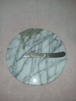 VINTAGE LINDSEY CLAIR PEWTER CHEESE CUTTING BOARD  & KNIFE 8" ROUND MARBLE
