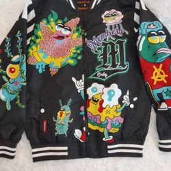 Men's Members Only Nickelodeon SpongeBob Patrick Cartoon Varsity BLK Graphic Sports Jacket ZipUp Lightweight SZ:S